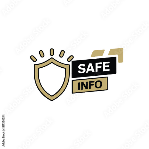 A graphic of a shield with dots above it and the words safe info on a black and gold background