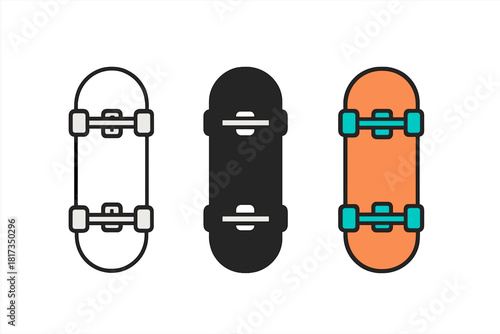 Minimalist Skateboard Styles. Minimalist skateboard icon: three identical skateboards with four wheels in bottom view in a row,