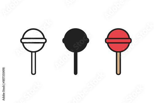 Minimalist Lollipop Trio. Minimalist lollipop icon: three identical round lollipops on sticks in a row, first in line style with