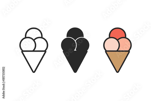 Minimalist Ice Cream Icons. Minimalist ice cream dessert icon: three identical ice cream cones with two scoops each in a row,