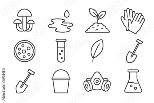 Eco-Remediation Icons. Line style icons of Eco-Remediation: Fungi, Oil Spill, Contaminant Absorption, Soil Recovery; Petri Dish,