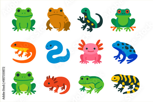 Colorful Amphibian Icons. Flat vector icons of amphibians: frog, toad, salamander, newt, caecilian, tree frog, bullfrog, axolotl,