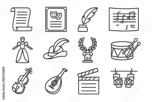 Performance History Icons. Line style icons of performance history: rolled script, antique program, quill and ink, sheet music;