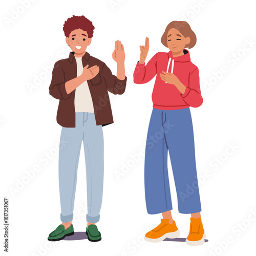 Happy teenagers cartoon boy and girl characters promising with oath gesturing one raised palm