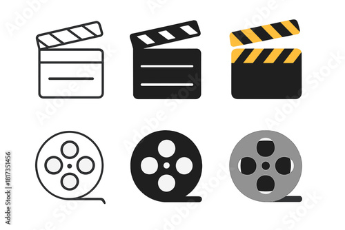 Minimal Film Icons. Linear minimalistic movie clapper icon: clapperboard outline with stripes, uniform line thickness, no fill,