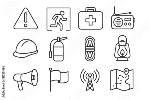 Emergency Preparedness Icons. Line style icons of Emergency Preparedness: Warning Sign, Evacuation Route, First Aid Kit, Radio;