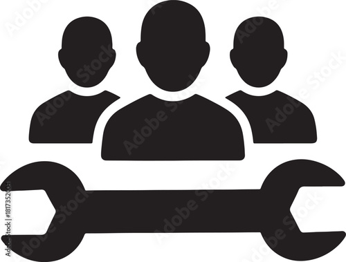 Three black human figures above a black wrench icon tool repair isolated on a white background.