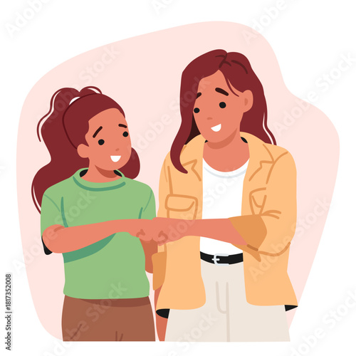 Mother and teenage daughter making fist bump gestures showcasing mutual respect cartoon scene