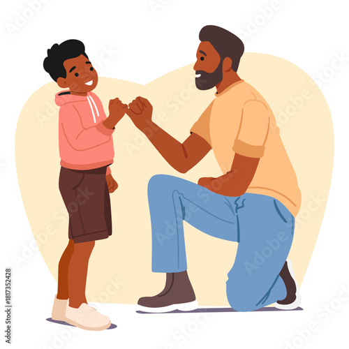 Dad and preschool son making pinky promise gesture experiencing positive interaction and agreement