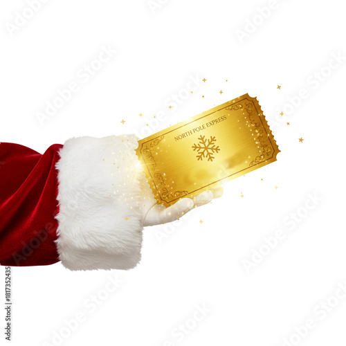 Santa's hand holding a golden North Pole Express ticket, transparent background