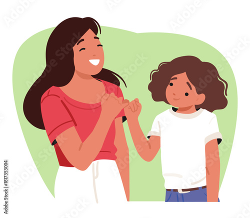 Mother and daughter characters gesturing pinky promise hand sign experiencing reconciliation