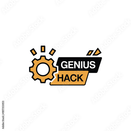 A graphic with a gear and the words genius hack displayed on a white background design element