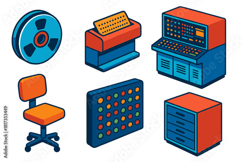 Retro Computing Icons. Isometric vector illustration set Mainframe Era: magnetic tape reel, computer punch card reader, massive