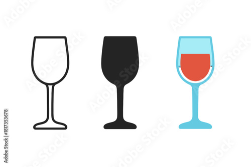 Minimalist Wine Glass Icons. Minimalist wine glass icon: three identical tall wine glasses in a row, first in line style with thin