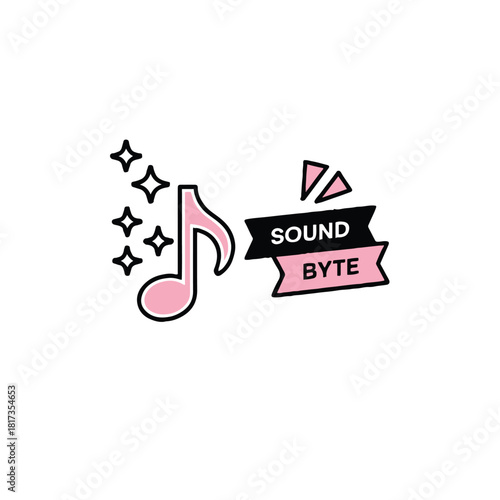 Illustration of a pink musical note with stars and a sound byte banner on a white background