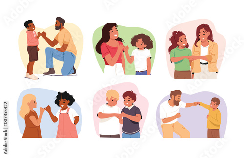 Children and parents performing pinky promise and fist bump body language gestures scenes set