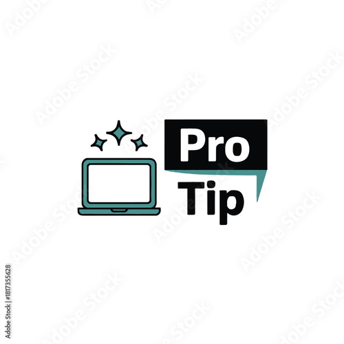 Illustration of a laptop with stars and a pro tip message in a black and white box design