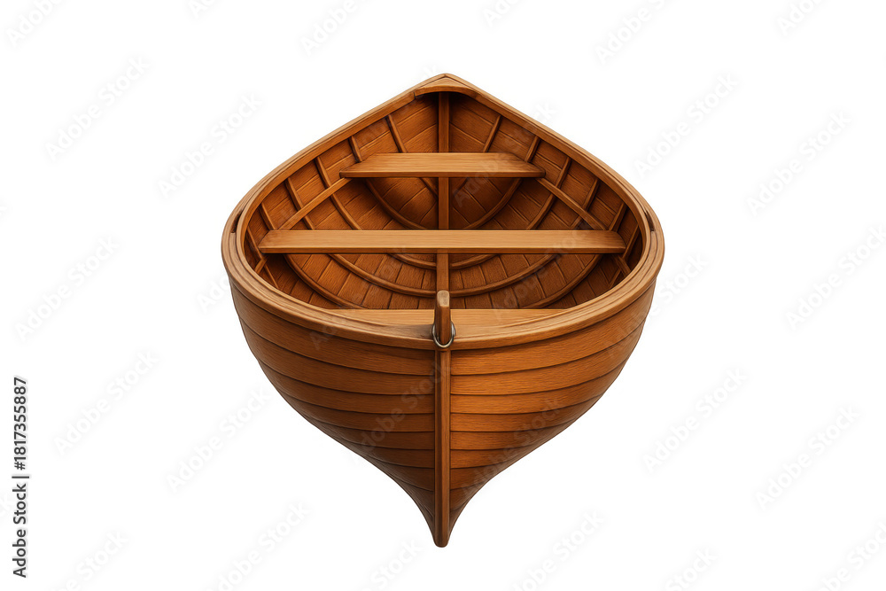 Obraz premium Wooden rowboat floating, 3d rendering of a classic small boat for transportation, adventure, and travel on transparent background
