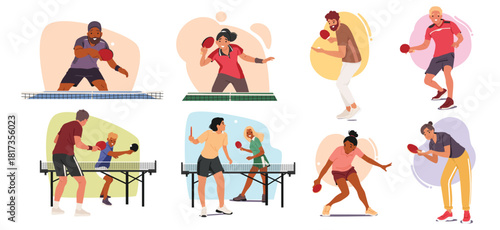 Diverse people characters playing ping pong enjoying table tennis sport competition scene set