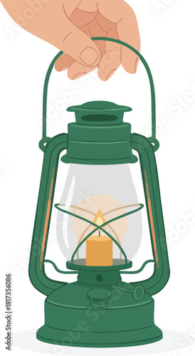 A hand gently lifts a classic green lantern with a small glowing flame inside, creating a warm and vintage atmospheric moment