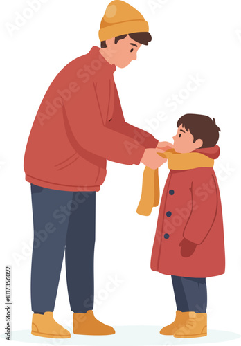 An adult gently wraps a warm yellow scarf around a child’s neck, helping them get ready for cold weather with caring attention