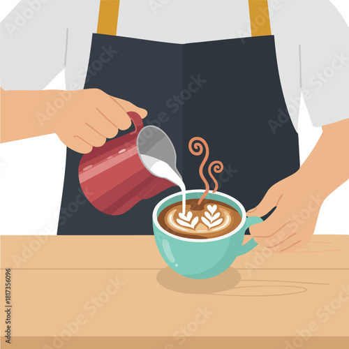 A barista carefully pours steamed milk from a metal pitcher into a hot coffee cup, creating latte art on the smooth surface