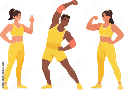 Three athletes in bright yellow sportswear perform energetic warm-up poses, confidently stretching and flexing to prepare their bodies for an active workout session