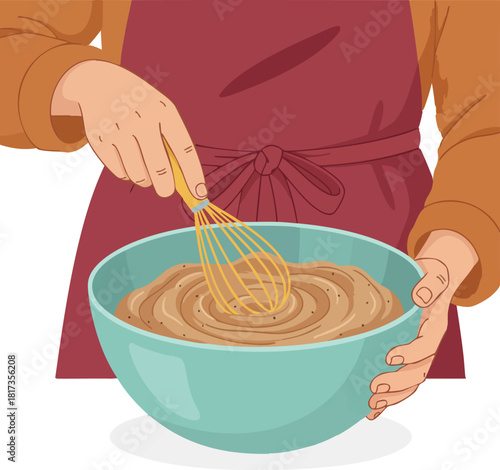 A person wearing an apron steadily whisks a thick mixture inside a large teal bowl, preparing batter with calm, focused movements