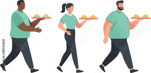 Three restaurant servers walk forward carrying trays of plated food, moving in coordinated steps while maintaining balance and a calm professional demeanor