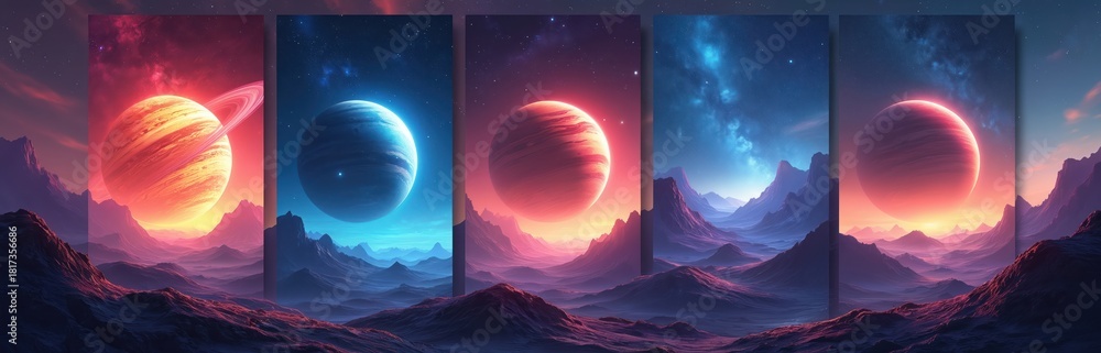 Obraz premium Five cosmic scenes feature planets like Jupiter, Saturn, and an alien world in colorful nebulae. Mountains glow with red orange and blue light under starry skies.
