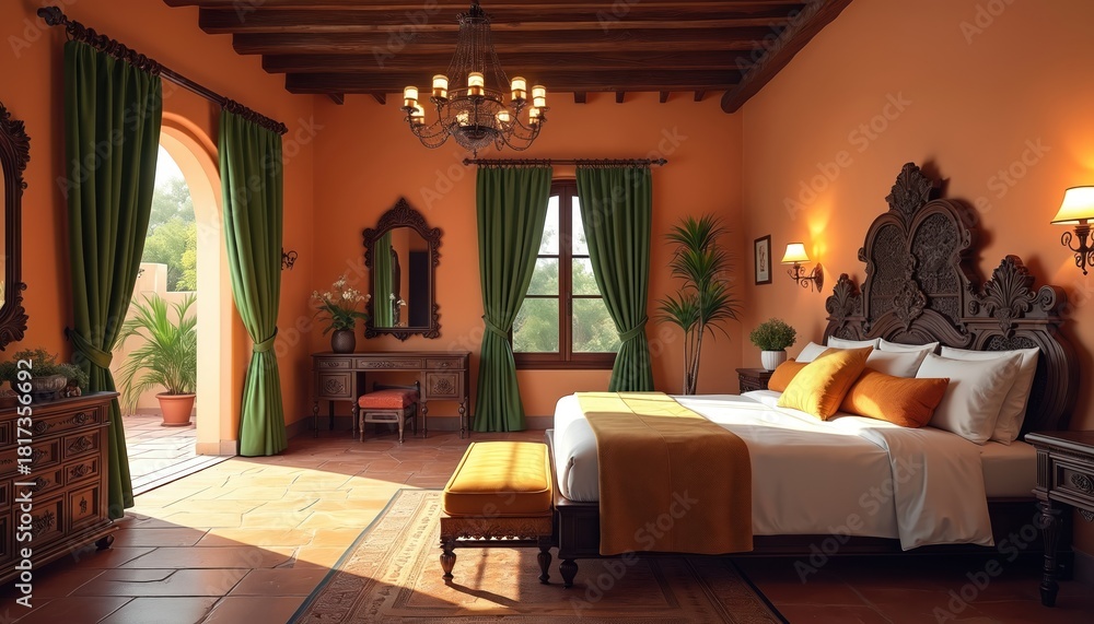 Fototapeta premium Illustration of Spanish colonial style bedroom interior. This image features decorative carved wooden bed headboard orange walls and green curtains. Room has traditional furniture with ornate details.
