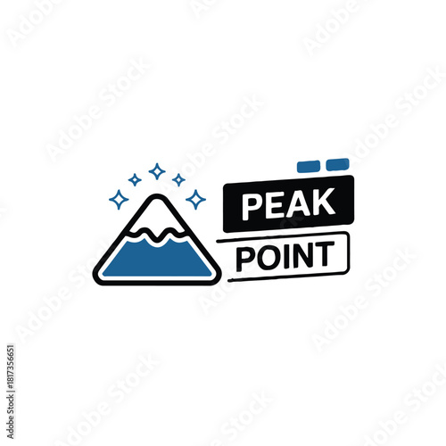 A logo featuring a stylized mountain with stars and the words peak point in black and white boxes