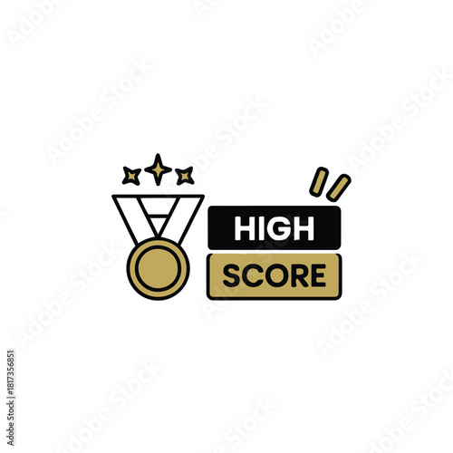 A graphic showing a gold medal with stars and a high score banner on a white background