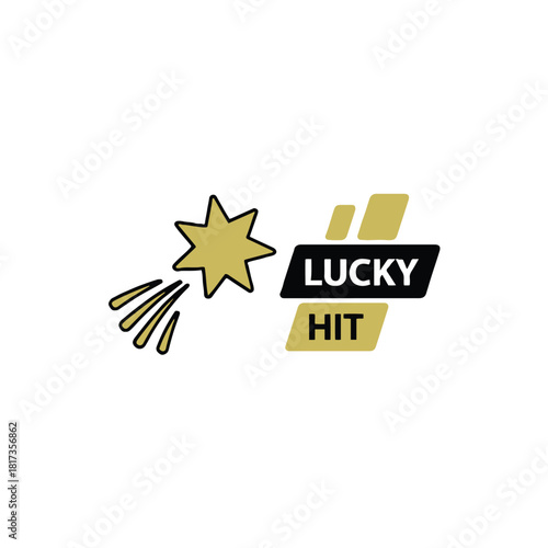 Illustration of a gold star with tail and the words lucky hit in black and gold on white background