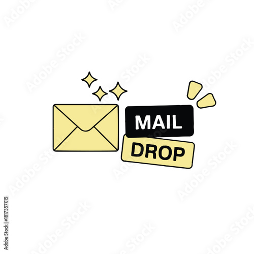 Illustration of a yellow envelope with stars and mail drop text on black and yellow boxes