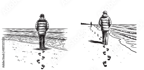 Hand-drawn sketch of a solitary figure walking away on the beach, leaving deep footprints in the sand.