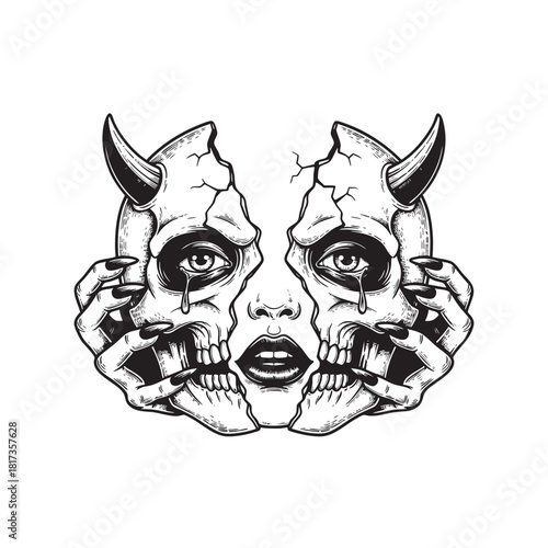 Split personality concept with human face merging into cracked horned skull held by skeleton hands black and white tattoo art.