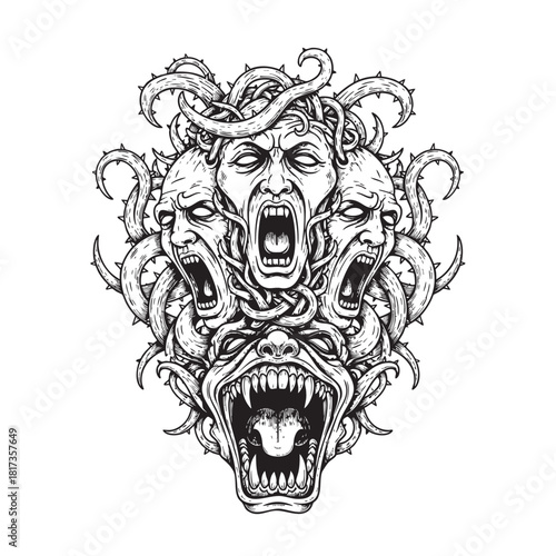 Terrifying monstrous creature illustration composed of screaming faces and tangled thorny vines in detailed black and white etching style.