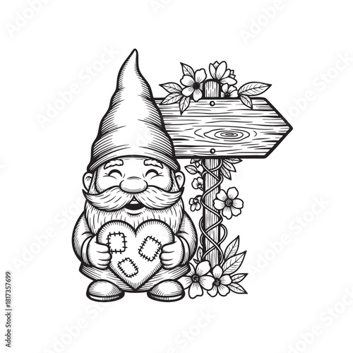 Adorable smiling garden gnome holding a patched heart next to a blank wooden arrow signpost decorated with spring flowers.