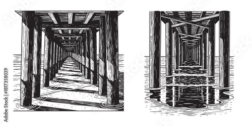 Detailed black and white vector illustration showing two perspectives underneath a wooden pier structure with pilings in the water.