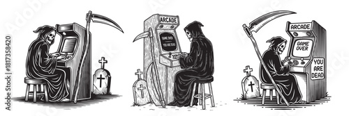 Humorous Engraving Set of the Grim Reaper Playing Vintage Arcade Video Games Next to Gravestones.