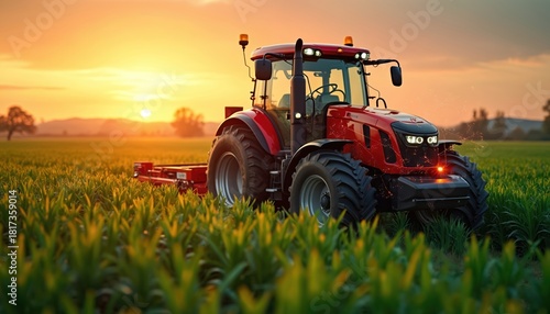 Fototapeta Naklejka Na Ścianę i Meble -  Red tractor works in green field at sunset. Agricultural machine cultivates crop. Modern farm vehicle plows land. Rural landscape at golden hour. Sunrise or sunset scene.