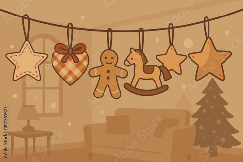 Vector holiday hearts illustration ornaments hanging toys softly fabric room string cozy