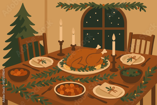 Illustration cozy garlands decorated dinner holiday candlelit room vector napkins served