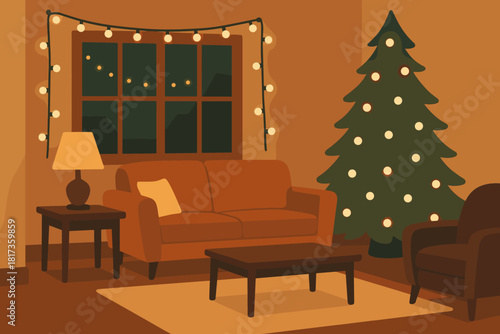 Holiday vector lights framing soft tree living window cozy nearby illustration