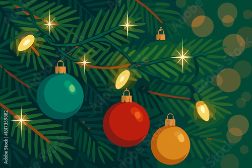 Pine bokeh festive background branches vector shiny lights needles illustration reflections ornaments