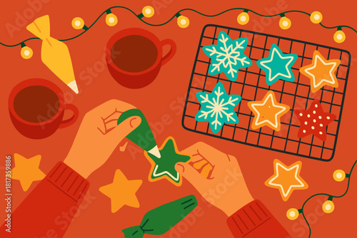 Illustration beside decorating hands cookies tea bright lights vector colors christmas snowflake
