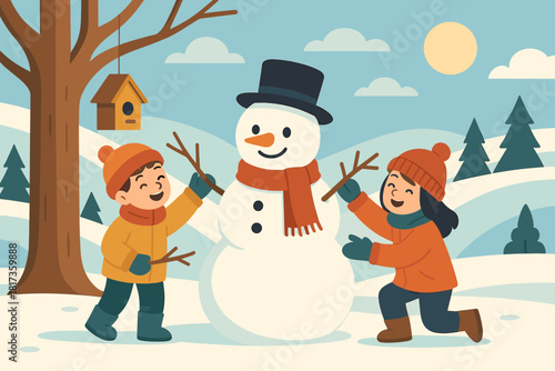 Scene branches winter friends tree vector hanging nearby illustration glistening fun building