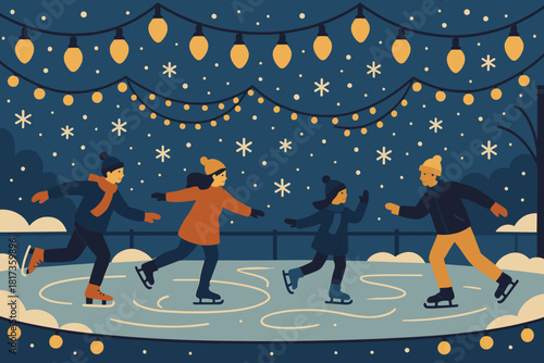 While bulbs rink vector warm under garlands decorative glow festive illustration skating