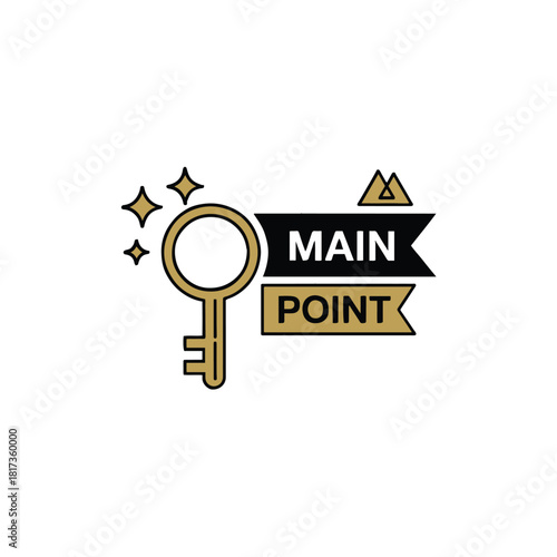 A graphic featuring a key with stars and a banner reading main point on a white background design